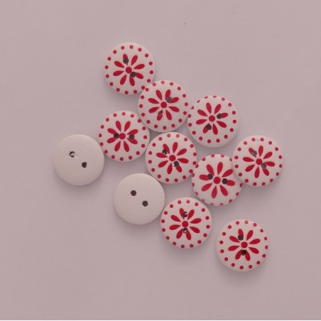 Bouton en bois sérigraphié : Blanc à fleur rouge