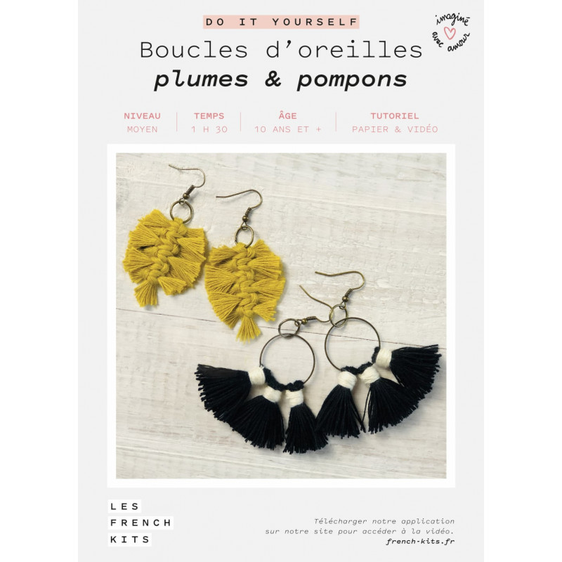 Kit Macramé Boucles d’oreilles - Plumes et Pompons - French Kit  Kit Macramé Boucles d’oreilles - Plumes et Pompons - French Kit